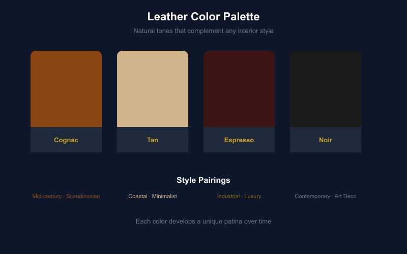 Leather color palette: cognac, tan, espresso, noir