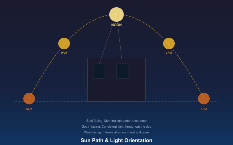 Sun path and light orientation for window treatments
