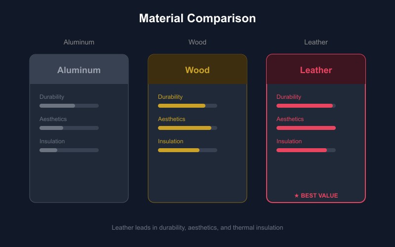 Material comparison: aluminum, wood, and leather blinds